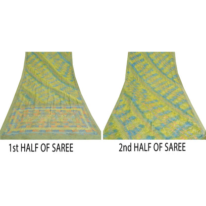 Sanskriti Vintage Sarees Green Pure Crepe Silk Printed Sari Floral Craft Sustainable Fabric