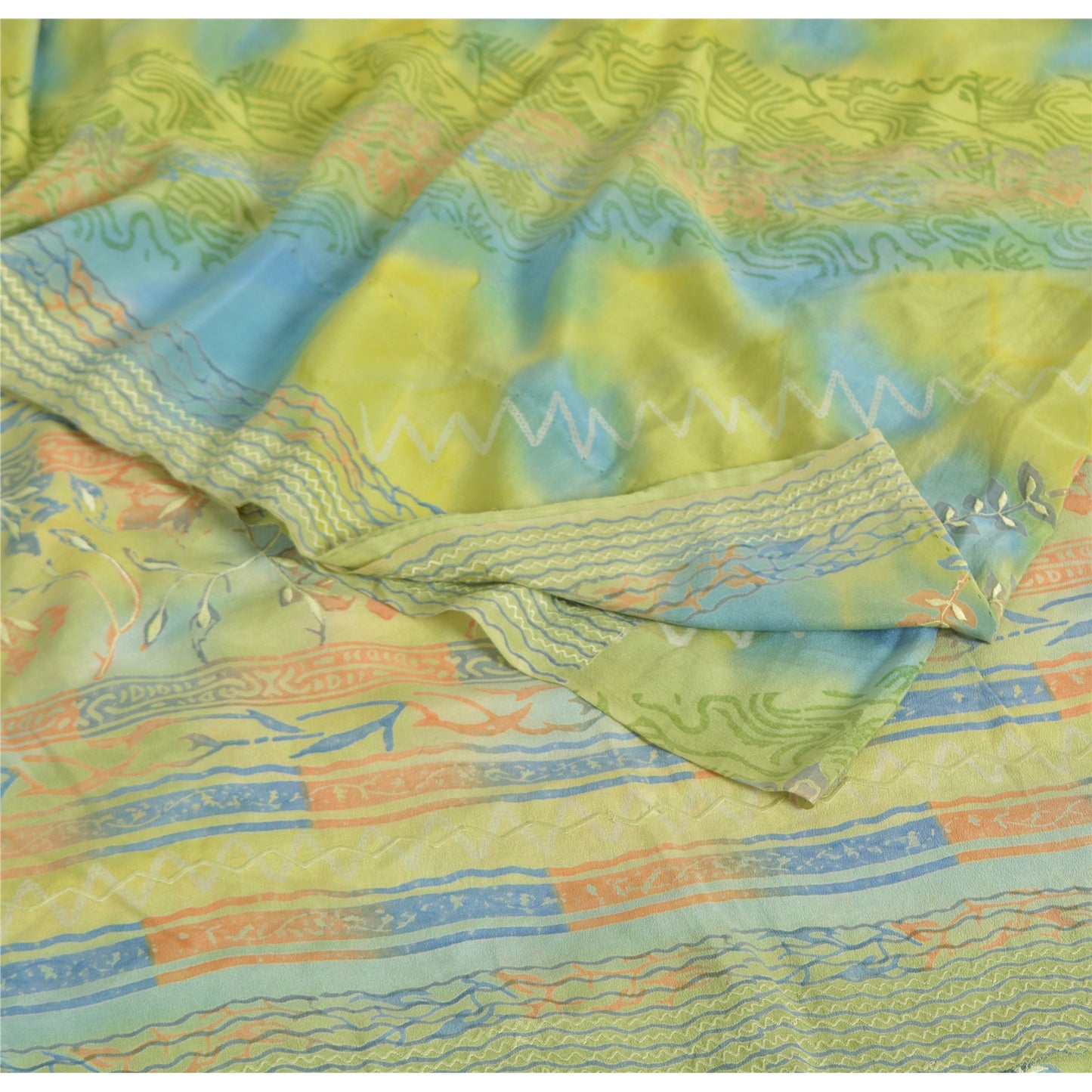 Sanskriti Vintage Sarees Green Pure Crepe Silk Printed Sari Floral Craft Sustainable Fabric