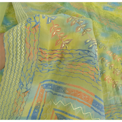 Sanskriti Vintage Sarees Green Pure Crepe Silk Printed Sari Floral Craft Sustainable Fabric