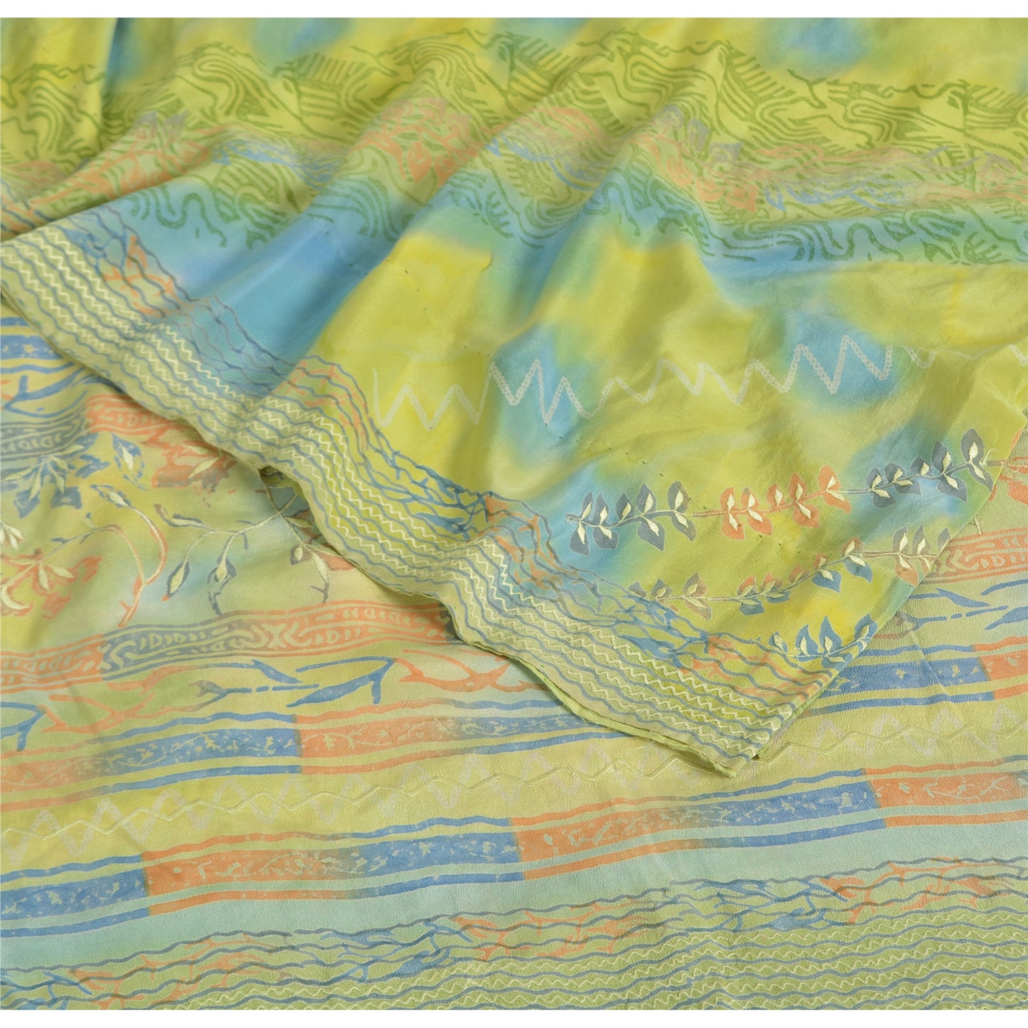 Sanskriti Vintage Sarees Green Pure Crepe Silk Printed Sari Floral Craft Sustainable Fabric