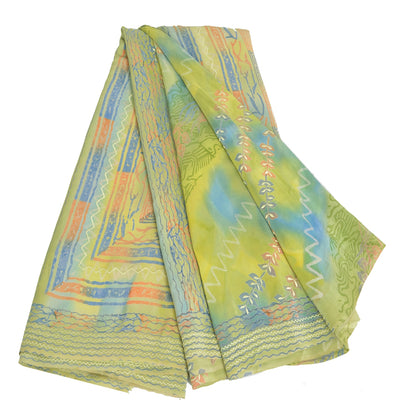 Sanskriti Vintage Sarees Green Pure Crepe Silk Printed Sari Floral Craft Sustainable Fabric