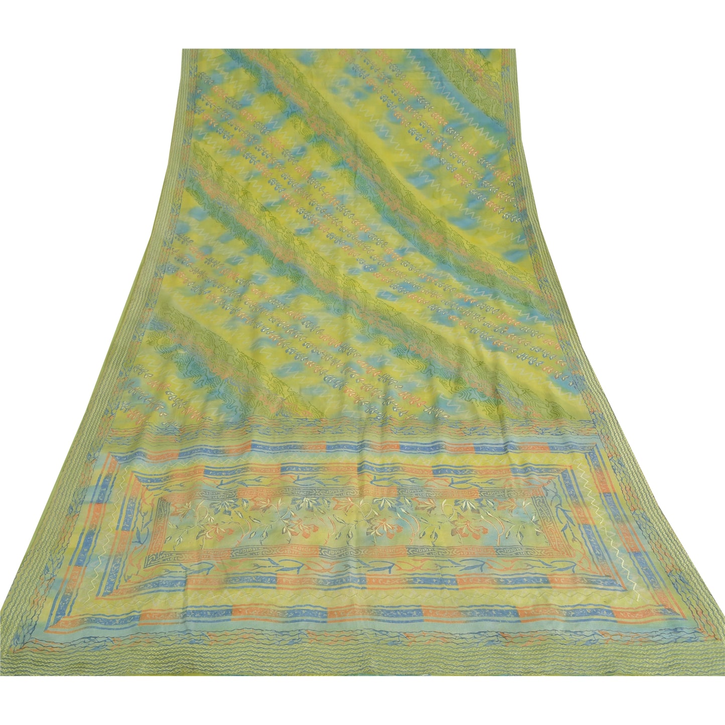 Sanskriti Vintage Sarees Green Pure Crepe Silk Printed Sari Floral Craft Sustainable Fabric