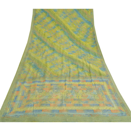 Sanskriti Vintage Sarees Green Pure Crepe Silk Printed Sari Floral Craft Sustainable Fabric