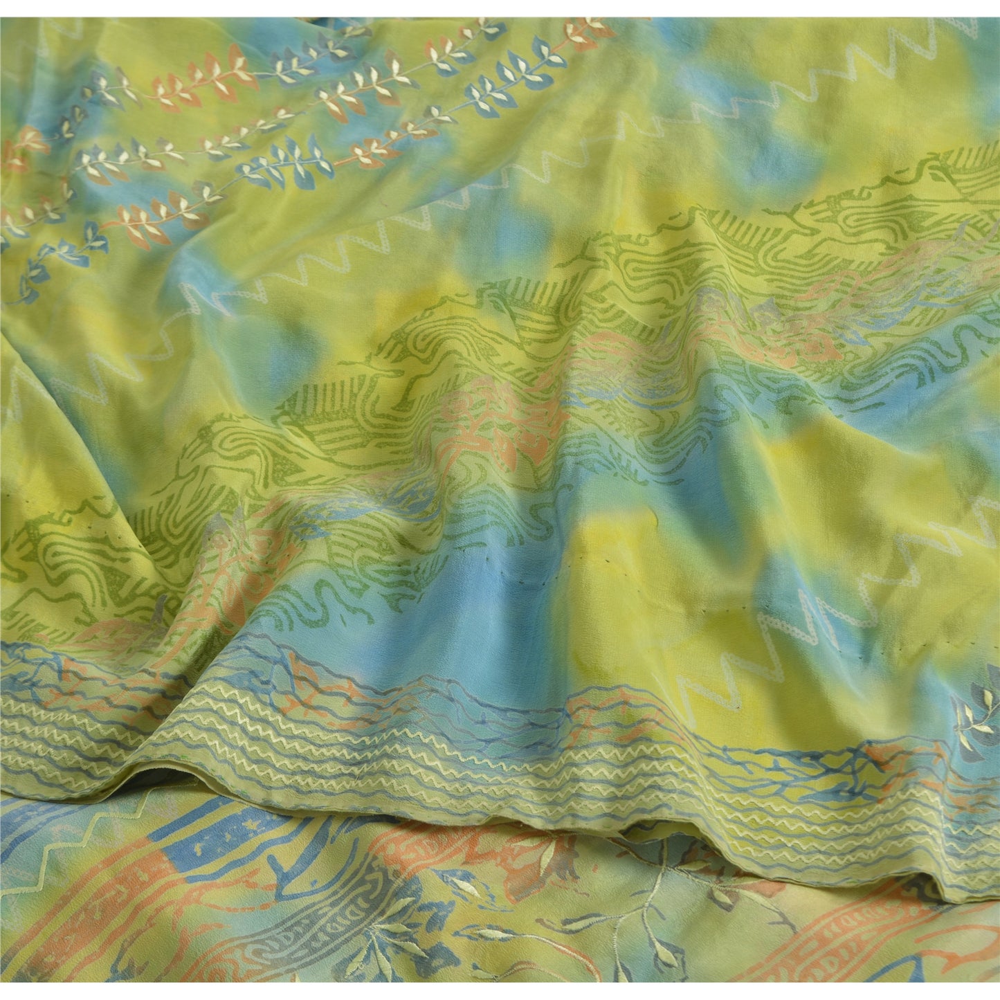Sanskriti Vintage Sarees Green Pure Crepe Silk Printed Sari Floral Craft Sustainable Fabric