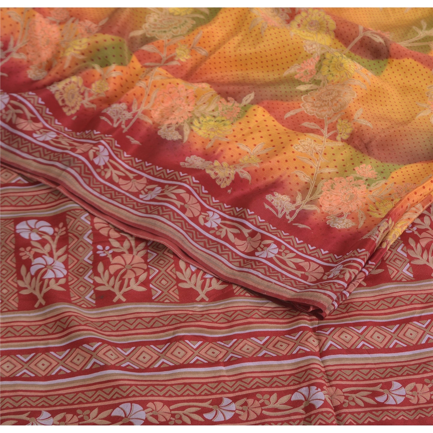 Sanskriti Vintage Sarees Multi Pure Crepe Silk Printed Sari 5yd Craft Sustainable Fabric