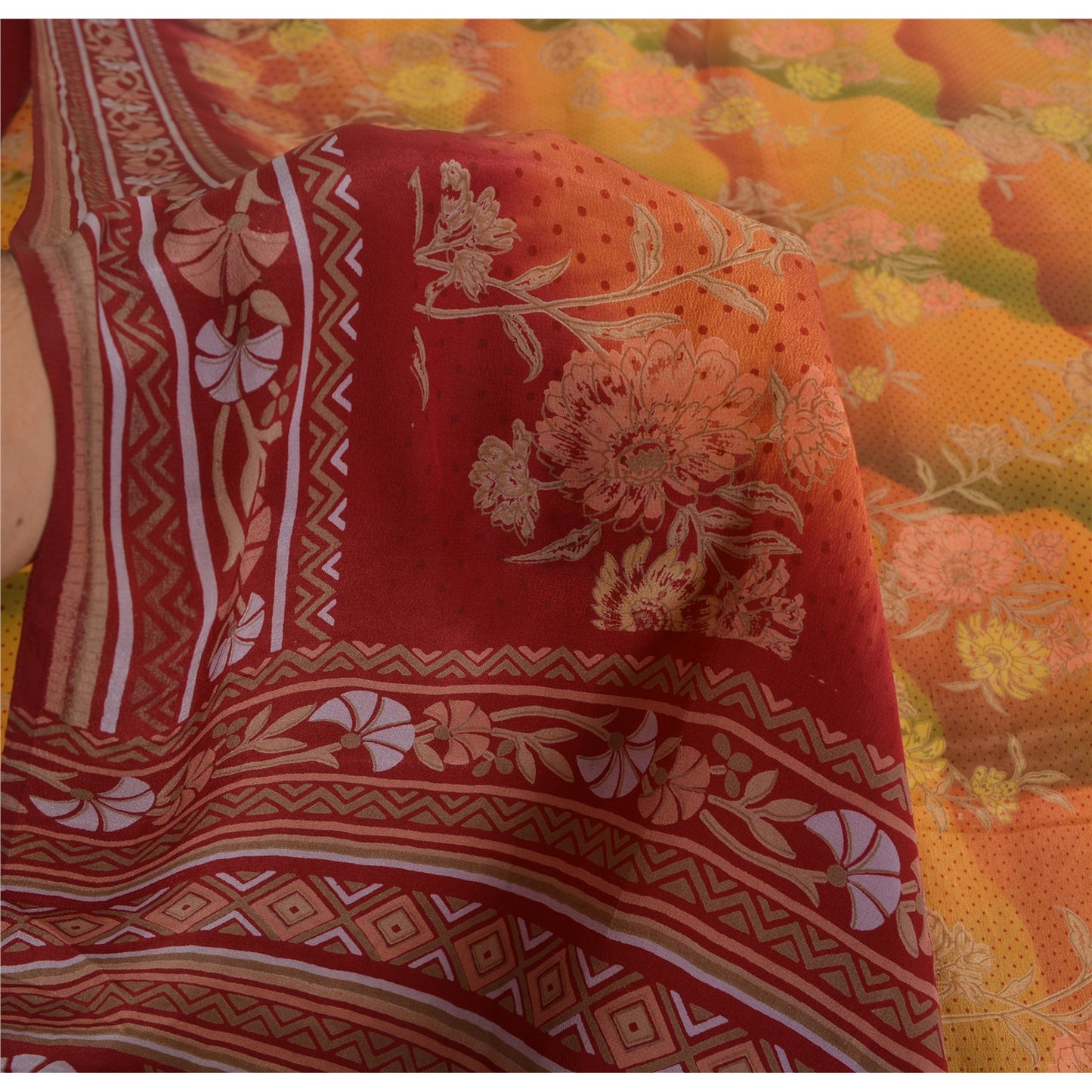 Sanskriti Vintage Sarees Multi Pure Crepe Silk Printed Sari 5yd Craft Sustainable Fabric