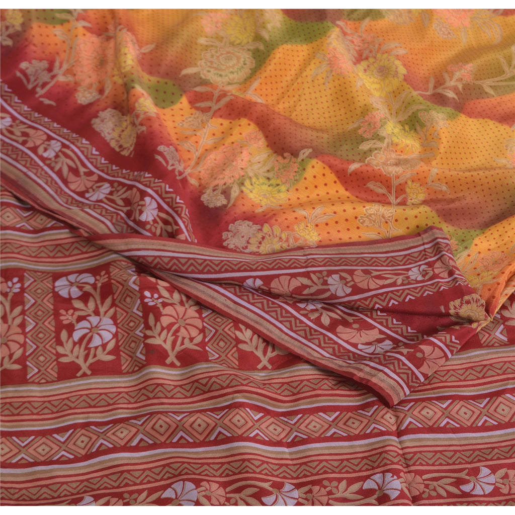 Sanskriti Vintage Sarees Multi Pure Crepe Silk Printed Sari 5yd Craft Sustainable Fabric