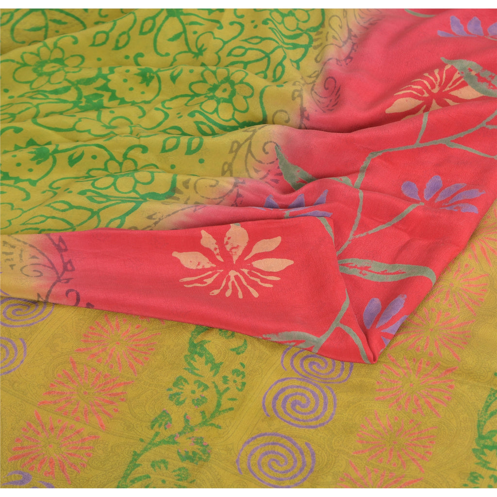 Sanskriti Vintage Sarees Green/Pink Pure Crepe Silk Printed Sari Craft Sustainable Fabric