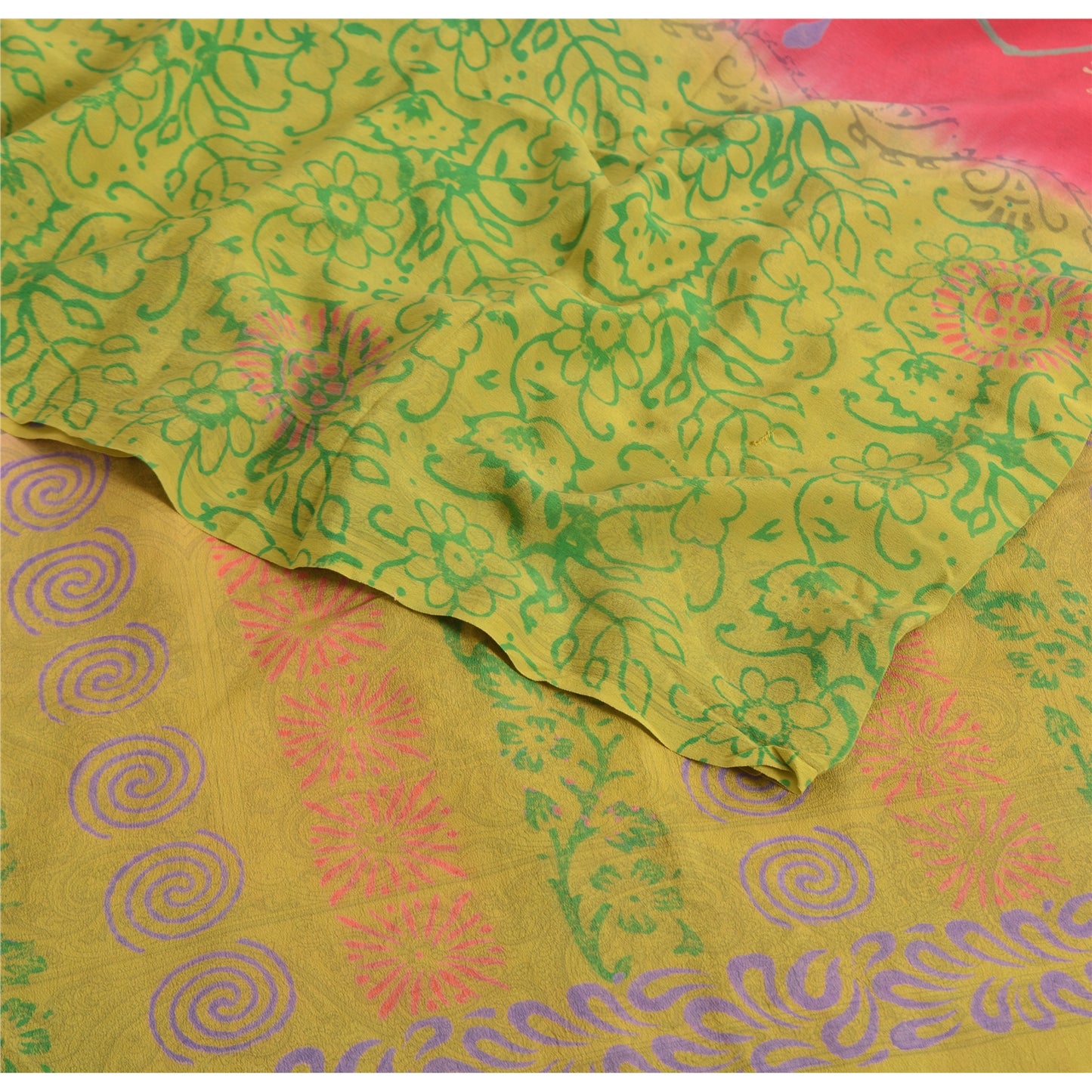 Sanskriti Vintage Sarees Green/Pink Pure Crepe Silk Printed Sari Craft Sustainable Fabric