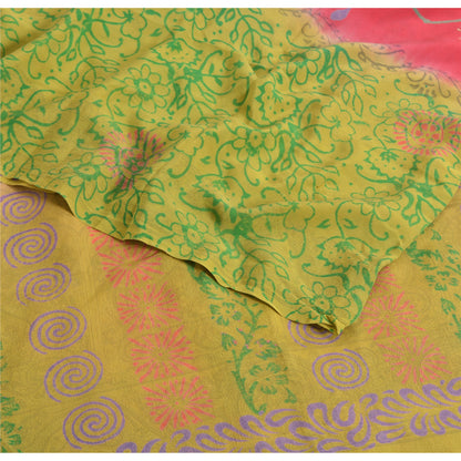 Sanskriti Vintage Sarees Green/Pink Pure Crepe Silk Printed Sari Craft Sustainable Fabric