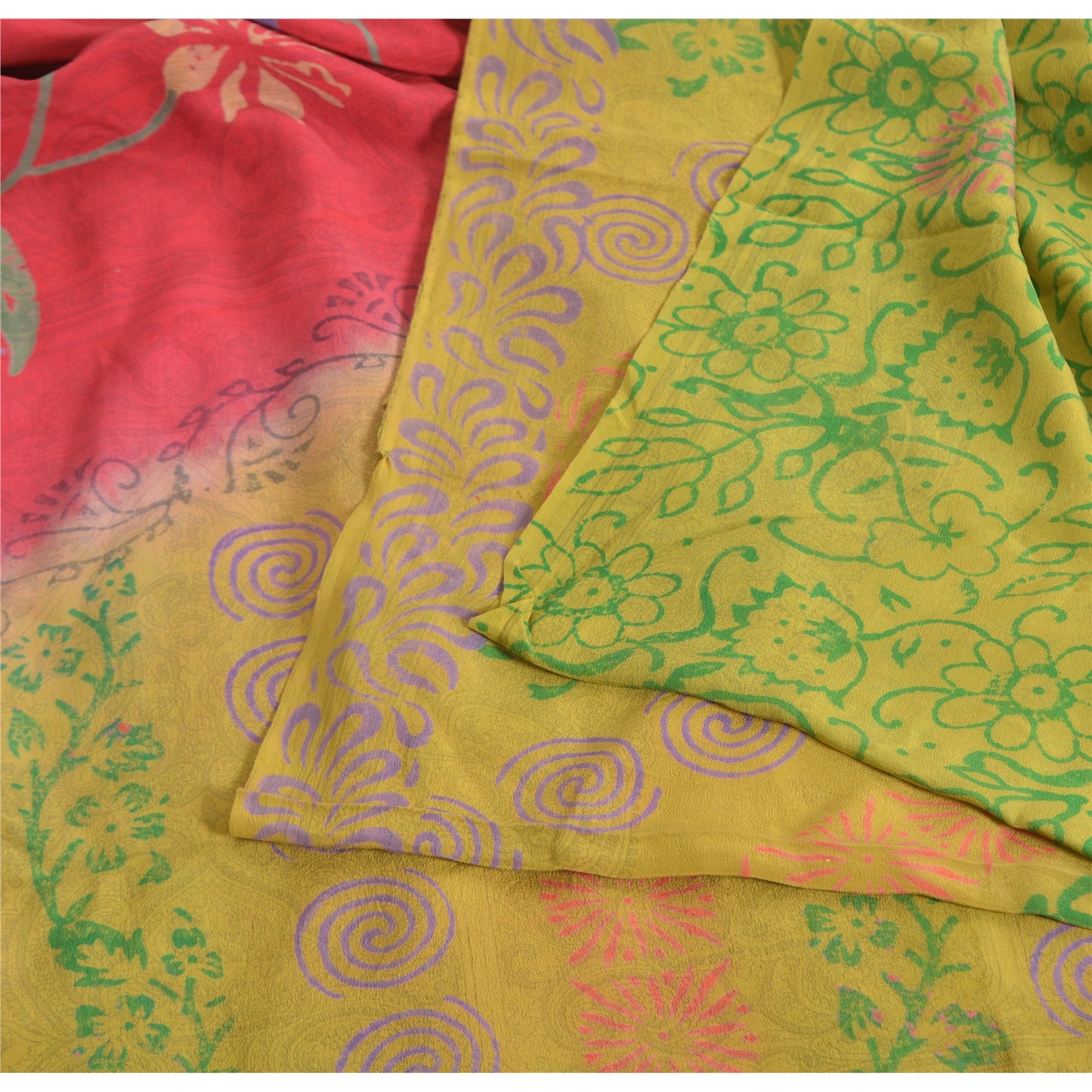 Sanskriti Vintage Sarees Green/Pink Pure Crepe Silk Printed Sari Craft Sustainable Fabric