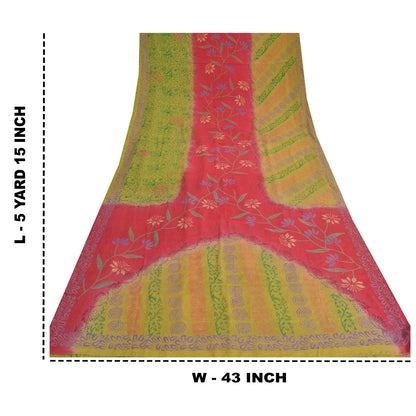 Sanskriti Vintage Sarees Green/Pink Pure Crepe Silk Printed Sari Craft Sustainable Fabric