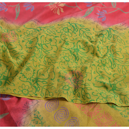 Sanskriti Vintage Sarees Green/Pink Pure Crepe Silk Printed Sari Craft Sustainable Fabric