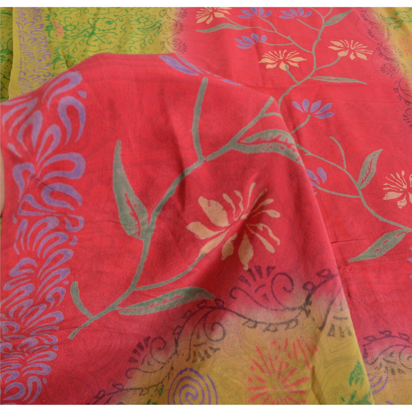 Sanskriti Vintage Sarees Green/Pink Pure Crepe Silk Printed Sari Craft Sustainable Fabric