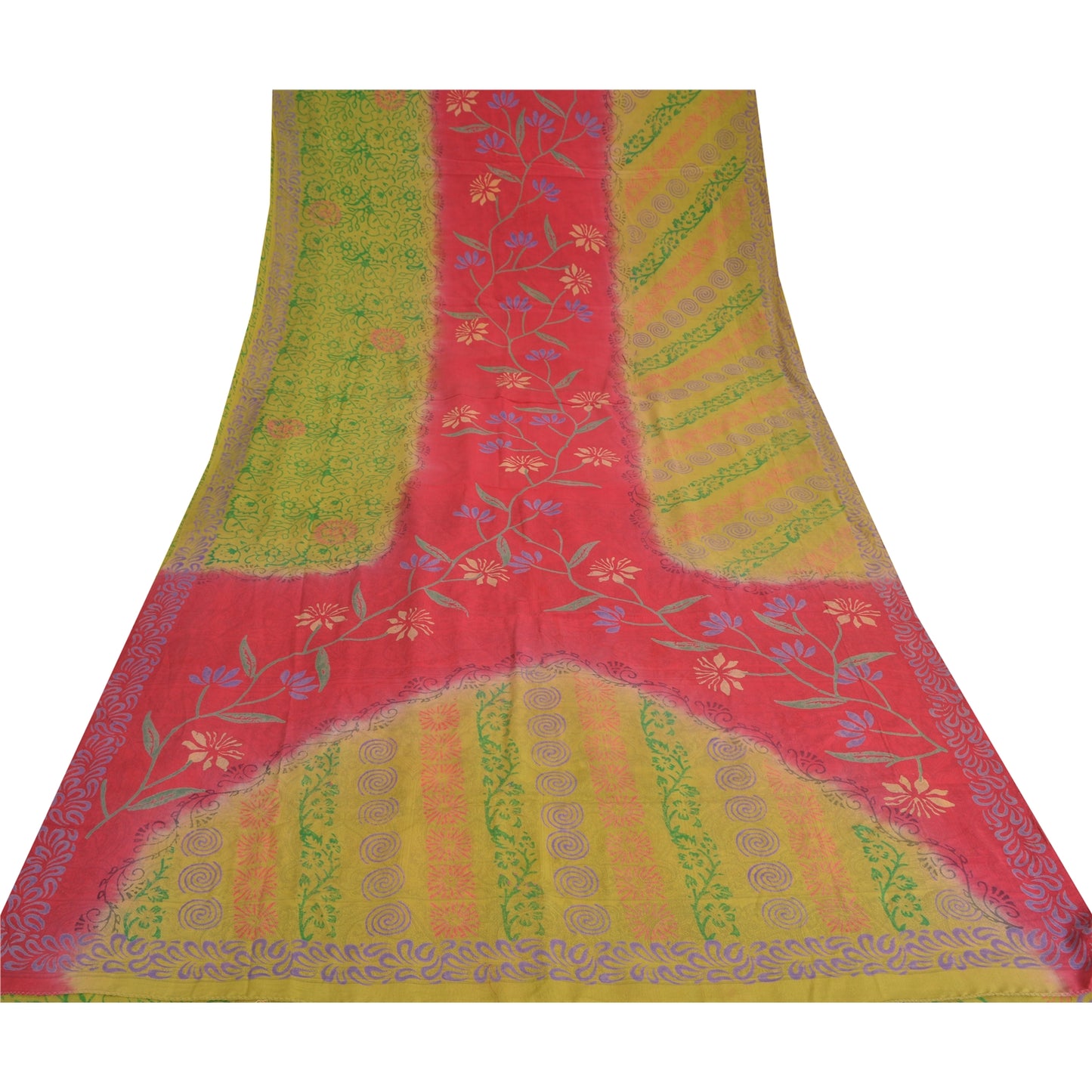 Sanskriti Vintage Sarees Green/Pink Pure Crepe Silk Printed Sari Craft Sustainable Fabric