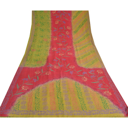 Sanskriti Vintage Sarees Green/Pink Pure Crepe Silk Printed Sari Craft Sustainable Fabric