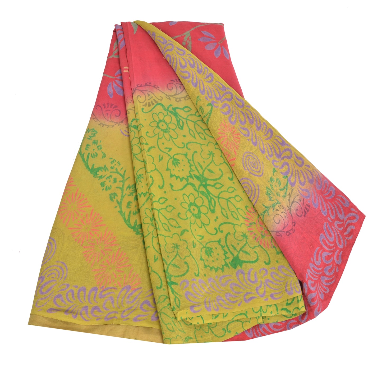 Sanskriti Vintage Sarees Green/Pink Pure Crepe Silk Printed Sari Craft Sustainable Fabric