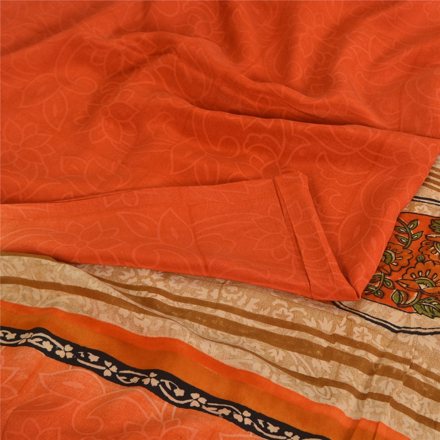 Sanskriti Vintage Sarier Orange Ren Crepe Silke Trykt Sari 5yd Håndværk Bæredygtigt Stoff