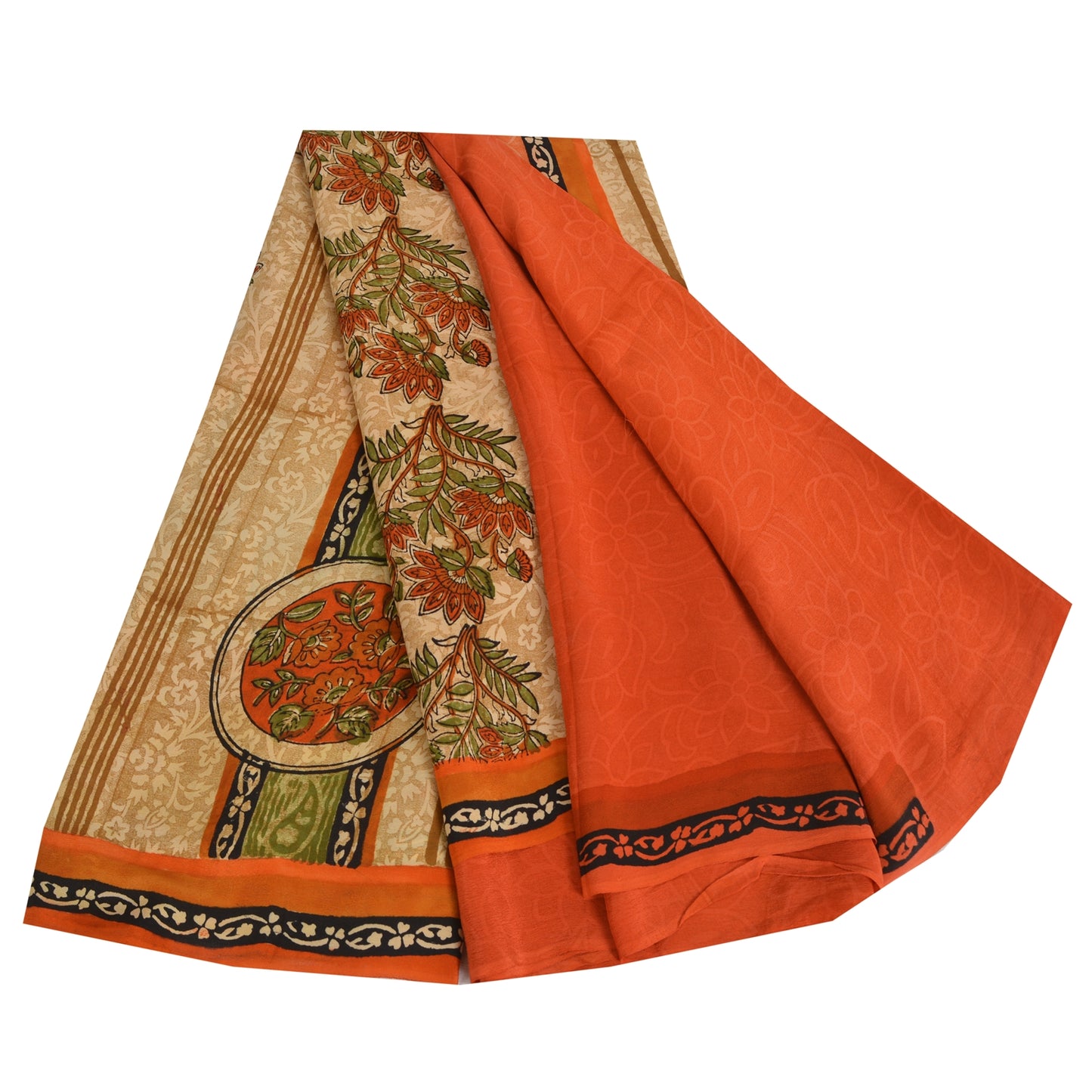 Sanskriti Vintage Sarier Orange Ren Crepe Silke Trykt Sari 5yd Håndværk Bæredygtigt Stoff