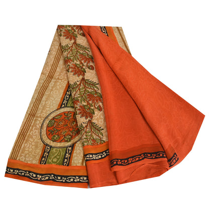 Sanskriti Vintage Sarier Orange Ren Crepe Silke Trykt Sari 5yd Håndværk Bæredygtigt Stoff