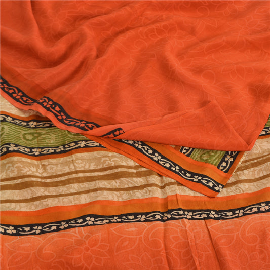 Sanskriti Vintage Sarees Orange Pure Crepe Silk Printed Sari 5yd Craft Sustainable Fabric
