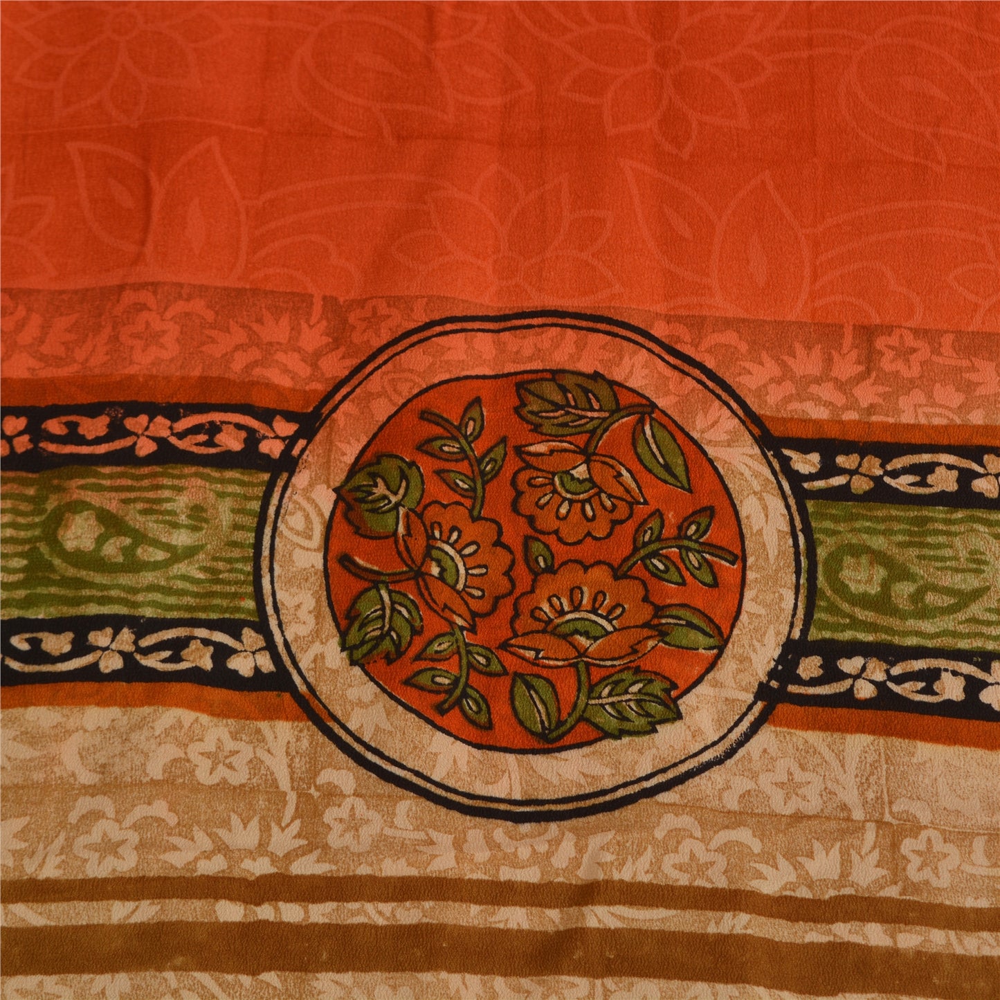 Sanskriti Vintage Sarier Orange Ren Crepe Silke Trykt Sari 5yd Håndværk Bæredygtigt Stoff