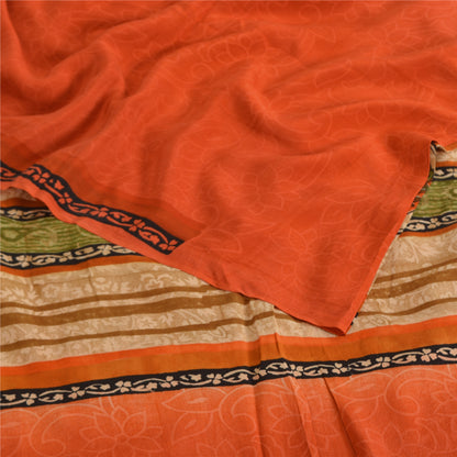 Sanskriti Vintage Sarier Orange Ren Crepe Silke Trykt Sari 5yd Håndværk Bæredygtigt Stoff
