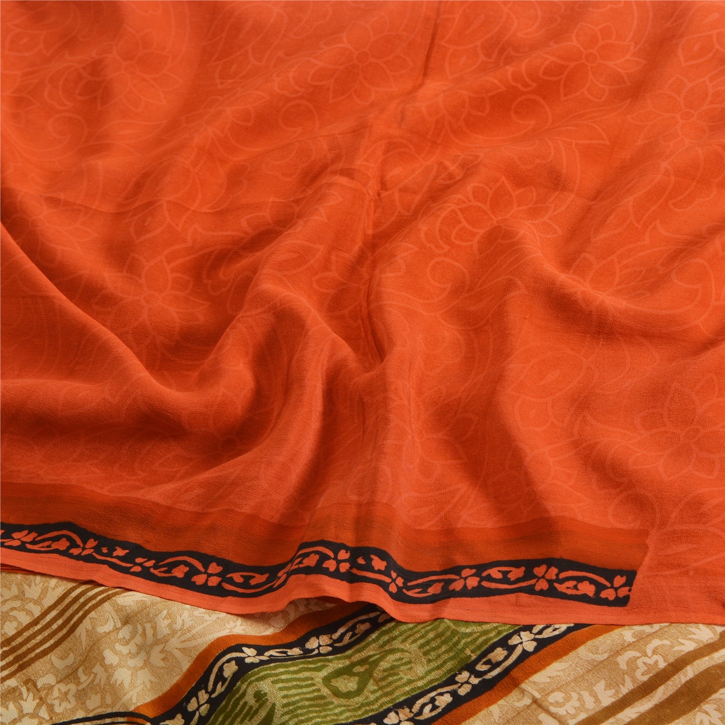 Sanskriti Vintage Sarier Orange Ren Crepe Silke Trykt Sari 5yd Håndværk Bæredygtigt Stoff