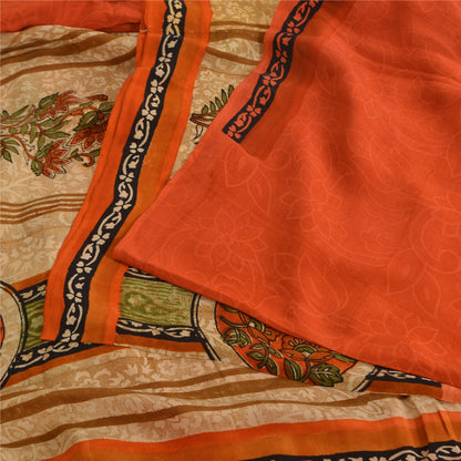 Sanskriti Vintage Sarier Orange Ren Crepe Silke Trykt Sari 5yd Håndværk Bæredygtigt Stoff