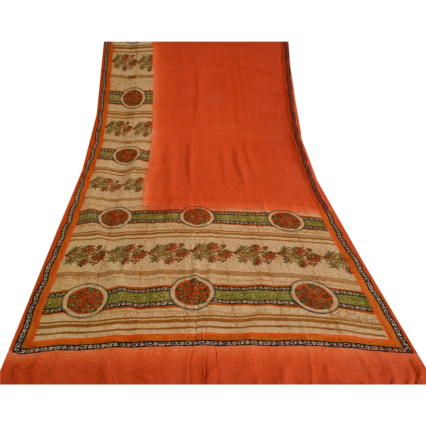 Sanskriti Vintage Sarier Orange Ren Crepe Silke Trykt Sari 5yd Håndværk Bæredygtigt Stoff