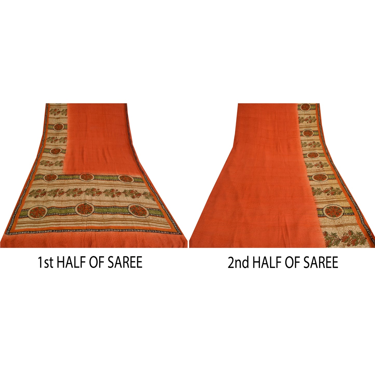 Sanskriti Vintage Sarier Orange Ren Crepe Silke Trykt Sari 5yd Håndværk Bæredygtigt Stoff