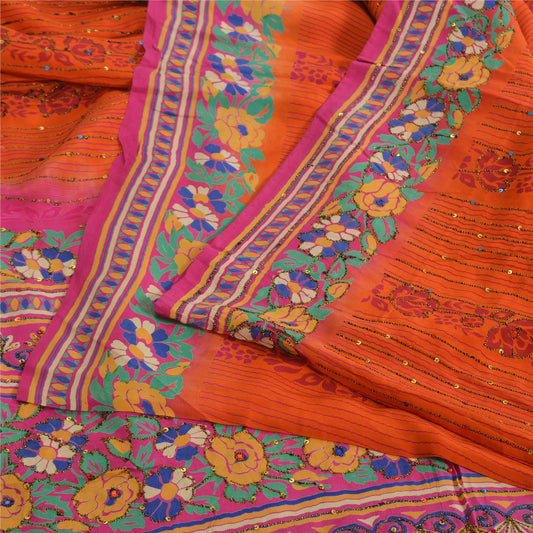 Sanskriti Vintage Sarees Orange Hand Beaded Pure Crepe Silk Printed Sari Sustainable Fabric