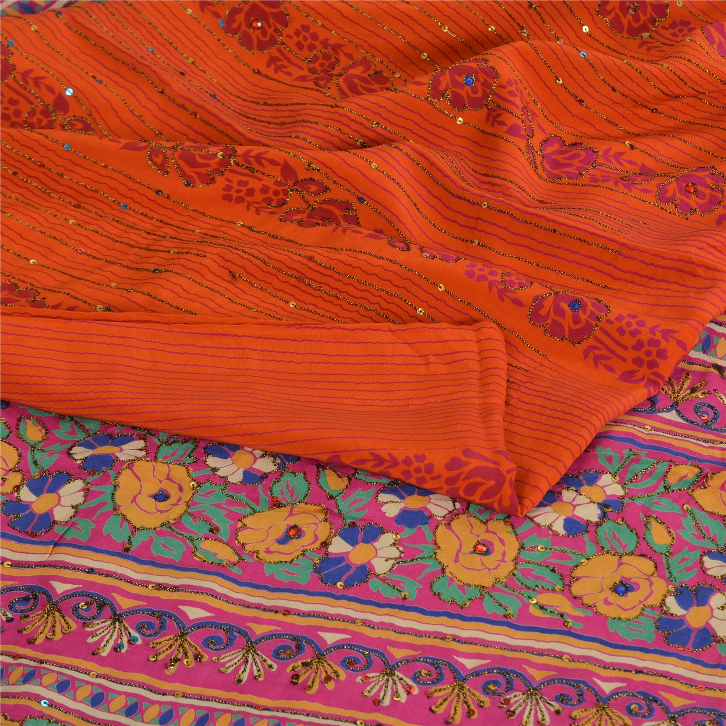 Sanskriti Vintage Sarees Orange Håndperlede Ren Crepe Silke Trykt Sari Bæredygtigt Stof