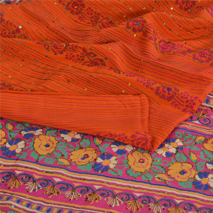Sanskriti Vintage Sarees Orange Håndperlede Ren Crepe Silke Trykt Sari Bæredygtigt Stof