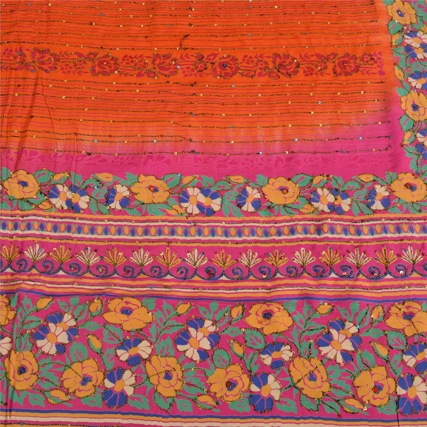 Sanskriti Vintage Sarees Orange Håndperlede Ren Crepe Silke Trykt Sari Bæredygtigt Stof