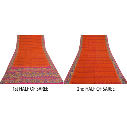 Sanskriti Vintage Sarees Orange Håndperlede Ren Crepe Silke Trykt Sari Bæredygtigt Stof