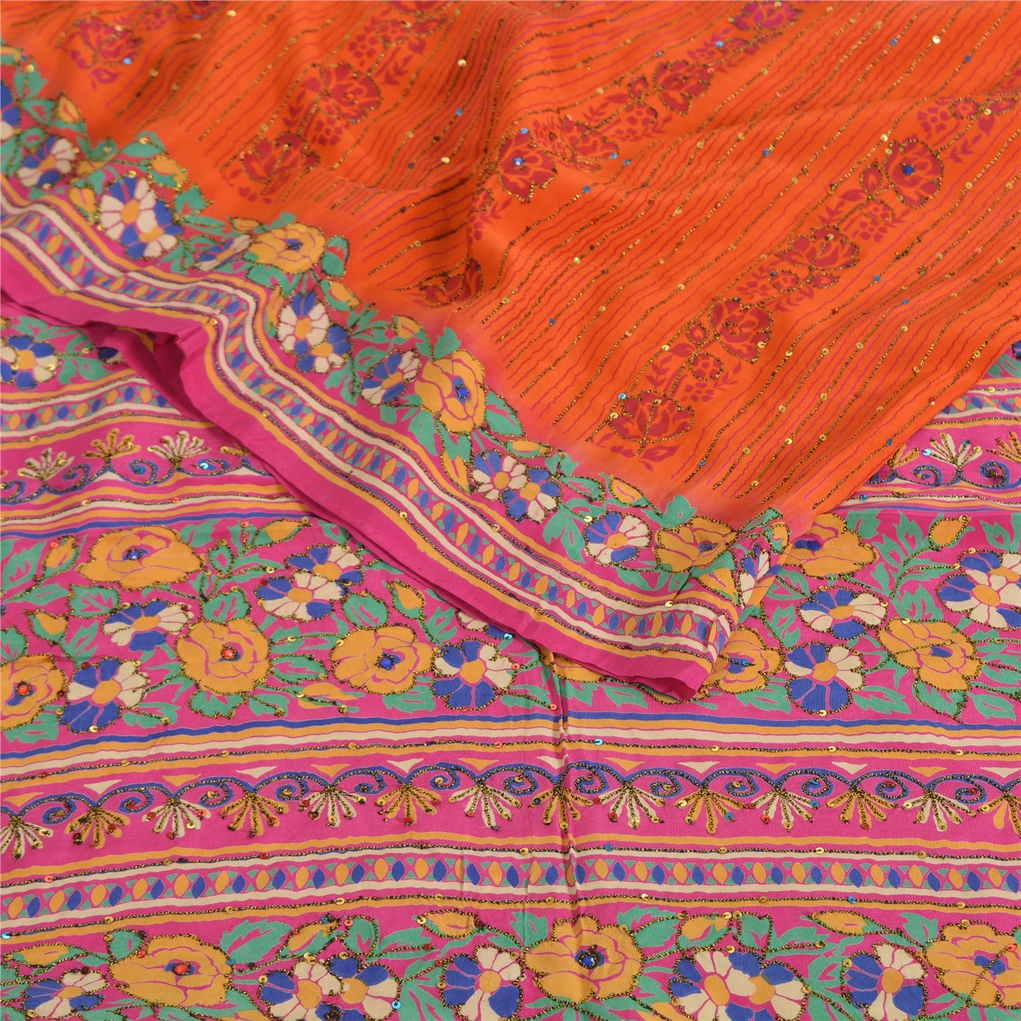 Sanskriti Vintage Sarees Orange Håndperlede Ren Crepe Silke Trykt Sari Bæredygtigt Stof