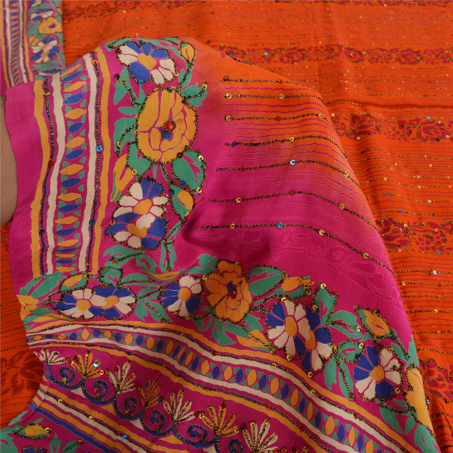 Sanskriti Vintage Sarees Orange Håndperlede Ren Crepe Silke Trykt Sari Bæredygtigt Stof
