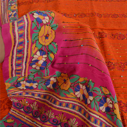 Sanskriti Vintage Sarees Orange Håndperlede Ren Crepe Silke Trykt Sari Bæredygtigt Stof