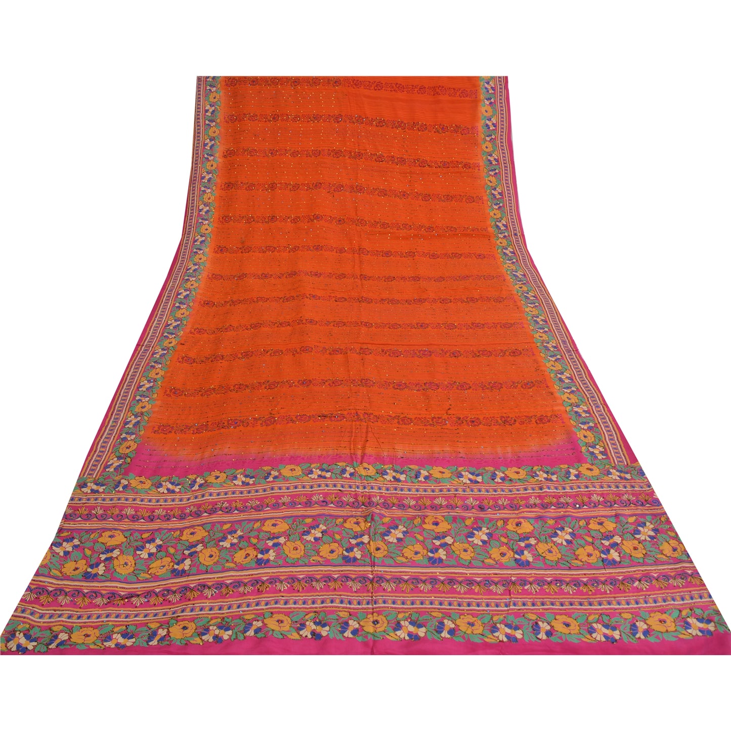 Sanskriti Vintage Sarees Orange Håndperlede Ren Crepe Silke Trykt Sari Bæredygtigt Stof