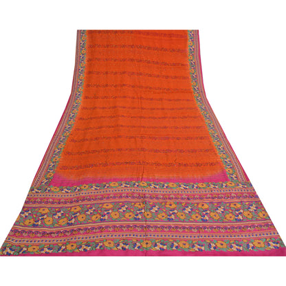 Sanskriti Vintage Sarees Orange Håndperlede Ren Crepe Silke Trykt Sari Bæredygtigt Stof
