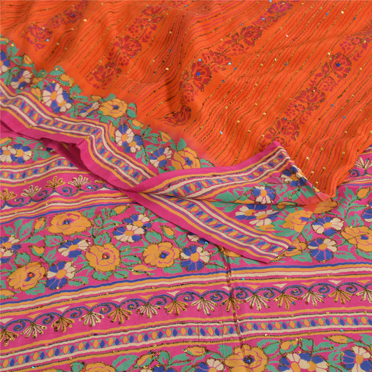 Sanskriti Vintage Sarees Orange Hand Beaded Pure Crepe Silk Printed Sari Sustainable Fabric