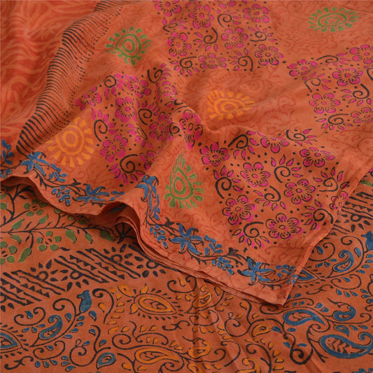 Sanskriti Vintage Sarees Rusty Orange 100% Pure Crepe Silk Printed Sari Sustainable Fabric