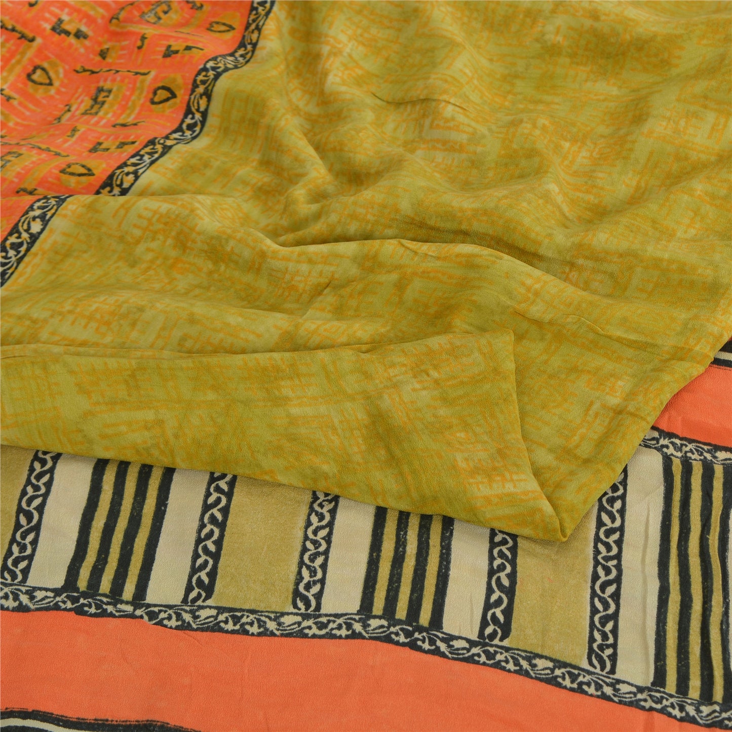 Sanskriti Vintage Sarees Green/Orange Pure Crepe Printed Sari 5yd Craft Sustainable Fabric