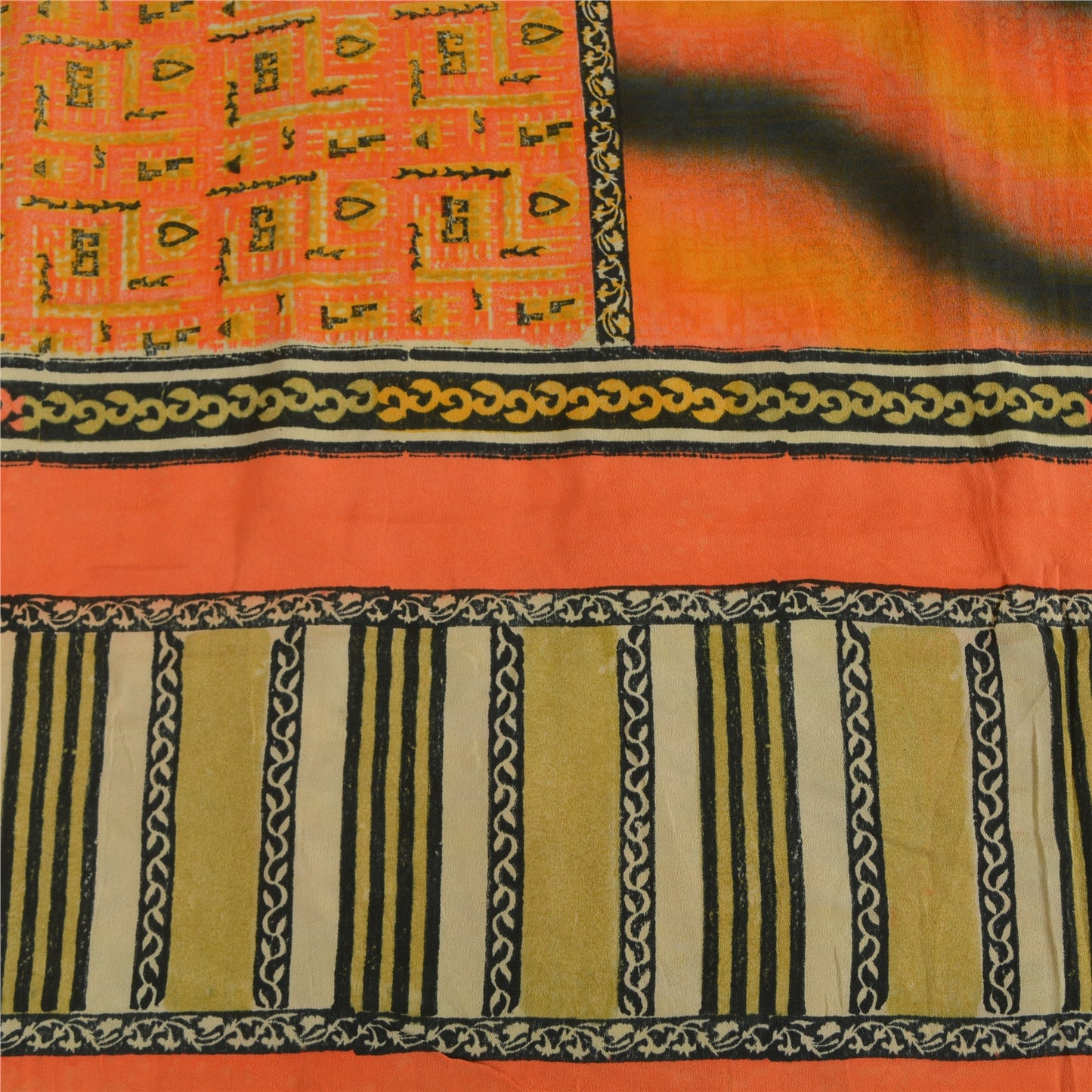 Sanskriti Vintage Sarees Green/Orange Pure Crepe Printed Sari 5yd Craft Sustainable Fabric