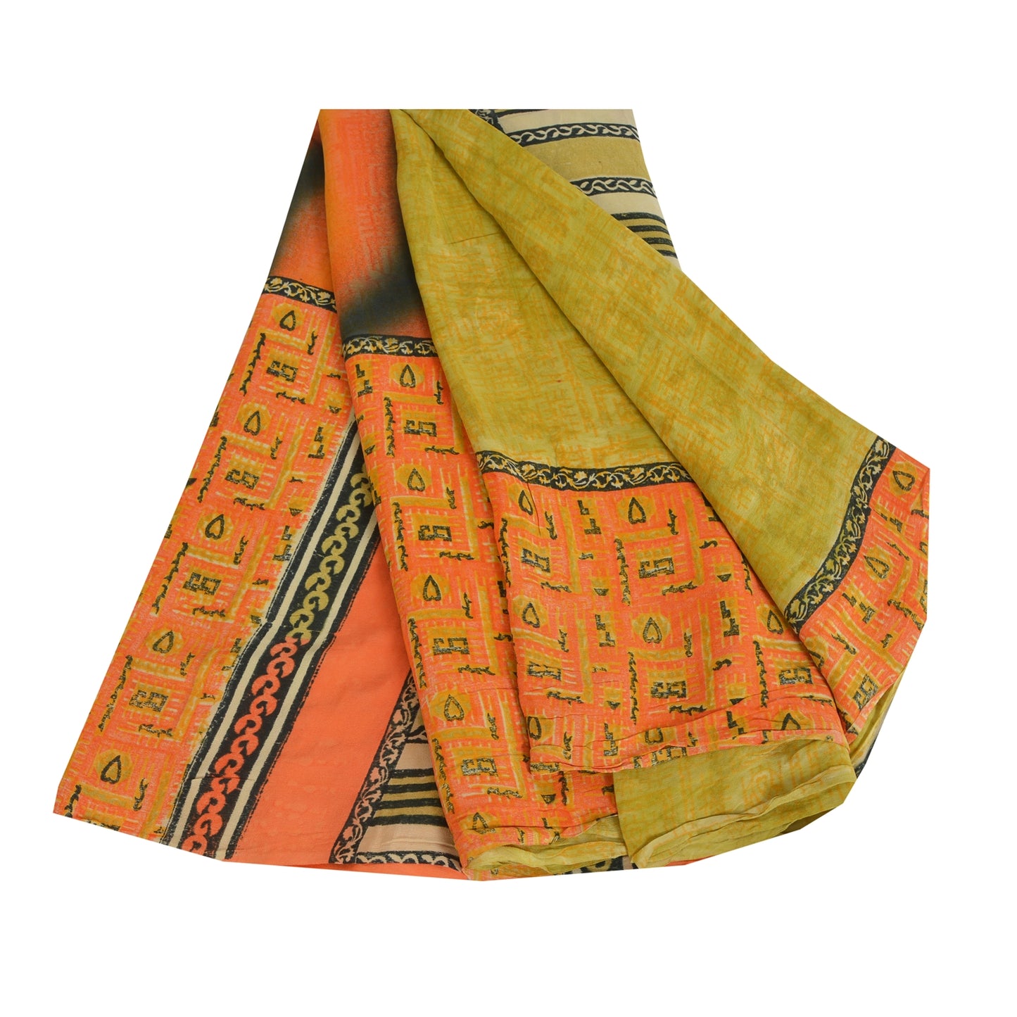 Sanskriti Vintage Sarees Green/Orange Pure Crepe Printed Sari 5yd Craft Sustainable Fabric