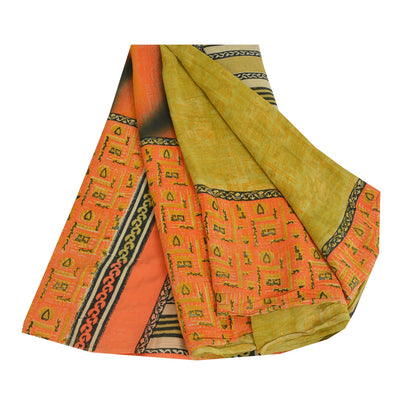 Sanskriti Vintage Sarees Green/Orange Pure Crepe Printed Sari 5yd Craft Sustainable Fabric