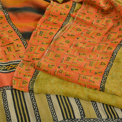 Sanskriti Vintage Sarees Green/Orange Pure Crepe Printed Sari 5yd Craft Sustainable Fabric