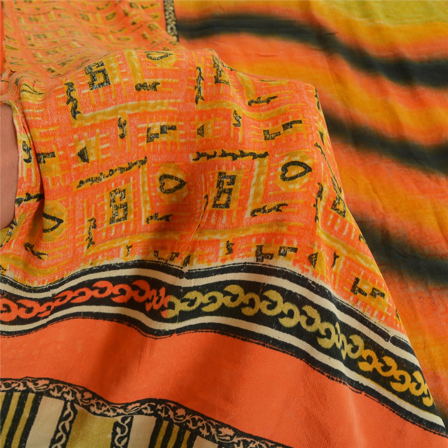 Sanskriti Vintage Sarees Green/Orange Pure Crepe Printed Sari 5yd Craft Sustainable Fabric