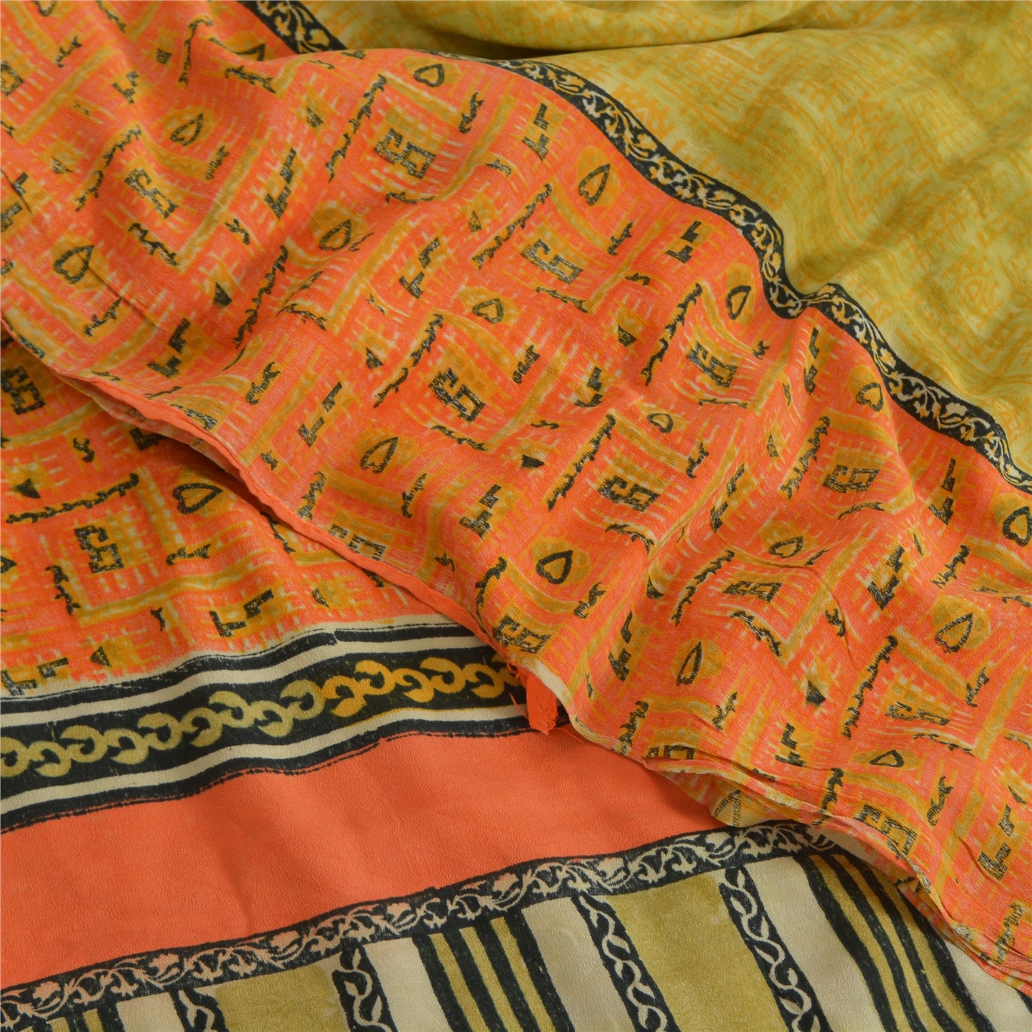 Sanskriti Vintage Sarees Green/Orange Pure Crepe Printed Sari 5yd Craft Sustainable Fabric